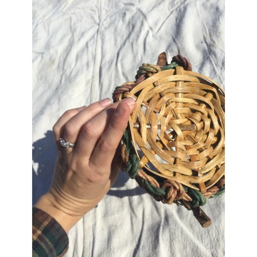 Rustic handmade small‎ basket 7” 7 in brown green bohemian rustic witch fairy